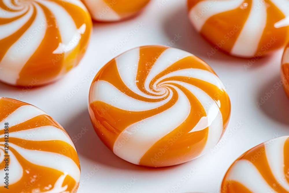 Poster A background of caramel hard candies with white stripes, showcasing the creamy texture and rich color of each candy. The pattern is dense and symmetrical, creating an attractive visual effect