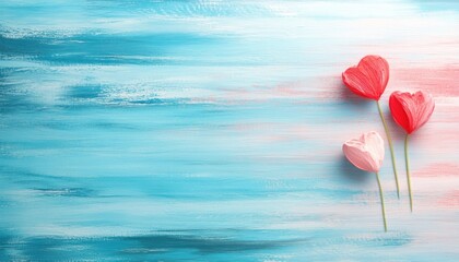 Painted hearts on a blue and pink wooden background