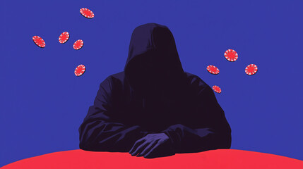 Mysterious Figure in a Poker Game: A shadowy figure in a hooded cloak sits at a poker table, surrounded by falling chips, creating an atmosphere of mystery and intrigue.