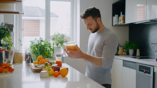 Rare illness patient preparing a healthy smoothie in a bright kitchen. Featuring nutrition and vitality