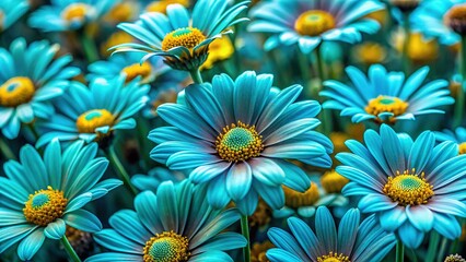 Fototapeta premium Abundant Teal Flowers with Bright Yellow Centers Blooming in a Lush Garden
