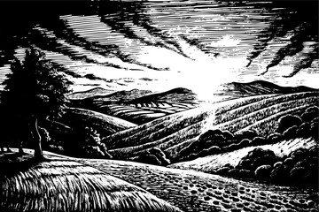 Fototapeta premium Vintage Woodcut Landscape with Dramatic Sky and Rolling Hills in Black and White Illustration