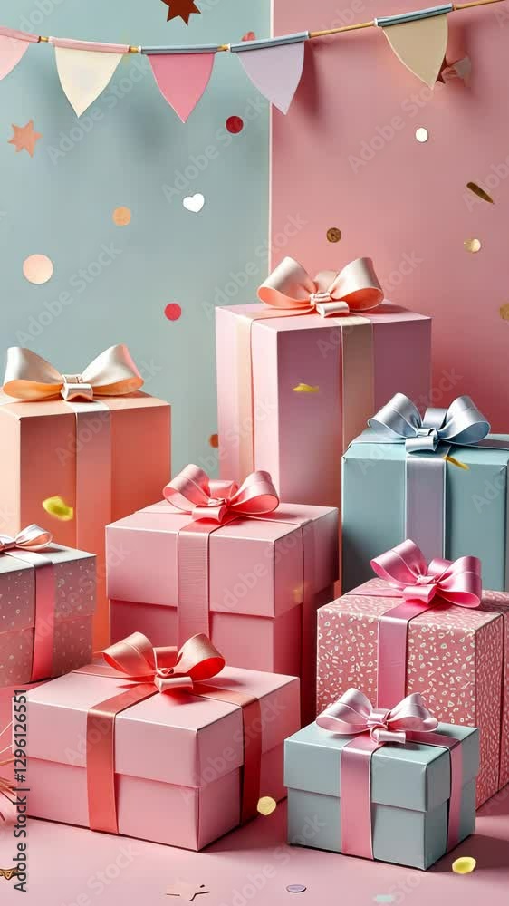 Poster A stack of presents with red bows on them. The presents are in different colors and sizes. The stack is on a pink background