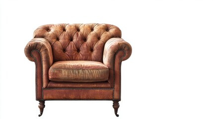 A vintage, tufted armchair featuring a rich brown upholstery, showcasing classic design elements and a cozy appearance.