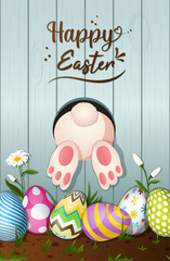 Happy Easter Greetings with Bunny in Rabbit Hole in Wooden Wall with Colorful Easter Eggs and Daisies in a Garden. Cute Vertical Holiday Card Vector Art