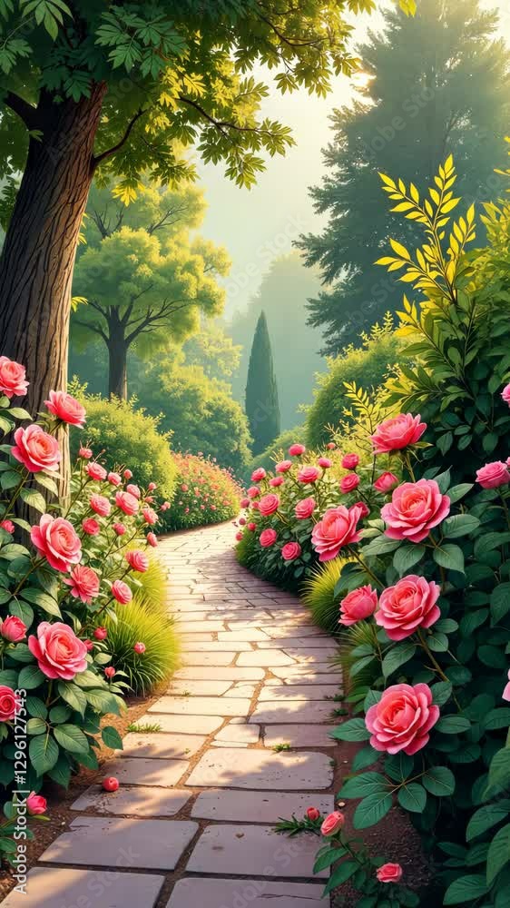 Poster a path with pink flowers and a tree. the path is made of bricks