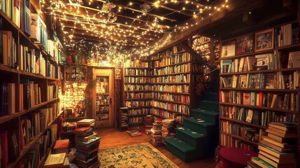 Cozy Bookstore with Fairy Lights and Bookshelves