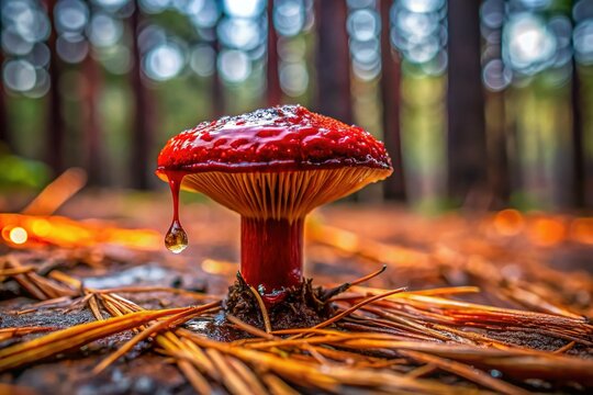 Bleeding Tooth Fungus, Hydnellum Peckii Mushroom in Pine Forest, Spooky Nature Photography