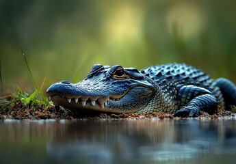 Fototapeta premium Majestic Blue Crocodile Resting by the Water's Edge Amidst Lush Greenery in a Calm Natural Environment During Golden Hour Lighting