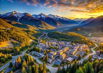 Aerial View of Whistler Village at Sunrise, Canadian Mountain Scenery