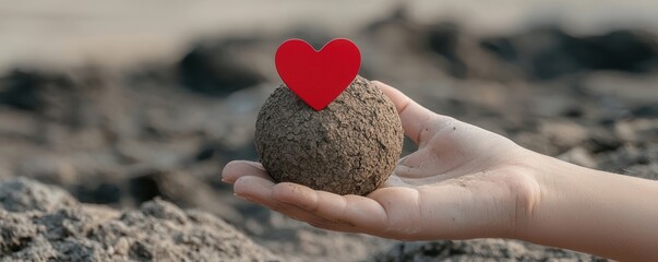 A hand holding a textured ball with a red heart on top, symbolizing love and care for the environment or nature.