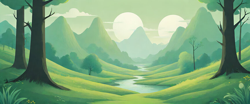 illustrazione in stile fumetto di paesaggio verde con vallate e monti in lontanaza