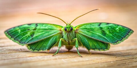 Close-up of Vibrant Green Moth on Light Wooden Surface - High-Resolution Stock Photo