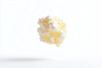 Fluffy popcorn kernel floating in air, showcasing its light texture and playful nature. Perfect for food photography and snack imagery