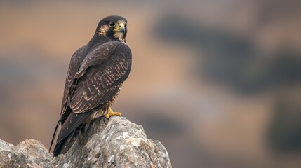 Fototapeta premium Falcon Perched on Rock, Mountain View