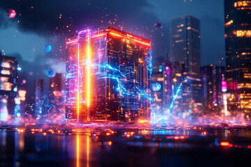 Fototapeta premium Futuristic digitalized energy vault with bright energy beams flowing in and out, surrounded by floating particles and neon light in a high-tech digital landscape