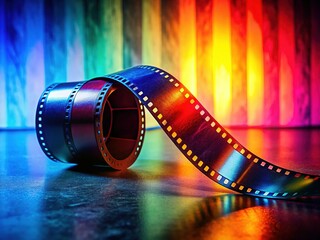 Colorful Film Tape Silhouette on Vibrant Background - Retro Cinematic Stock Photo
