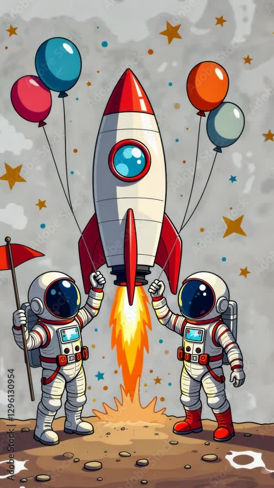 Poster two astronauts are holding a rocket and a flag. the flag is red and white