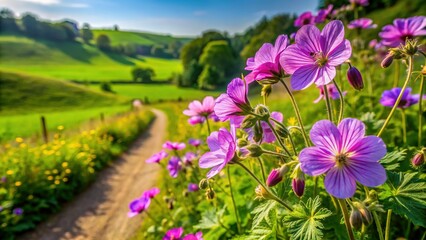 Obraz premium Cotswolds Meadow Crane's-bill Wildflowers Blooming in Gloucestershire Lane