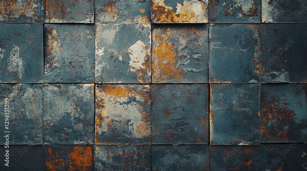Poster an array of rusted metal plates forms a captivating patchwork of blues, oranges, and browns. each pa