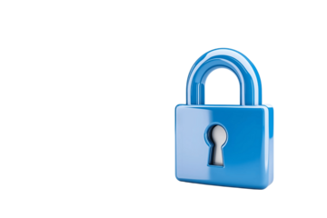 digital lock icon, cyber security symbol, holographic effect, metallic and blue, isolated on white background png cut