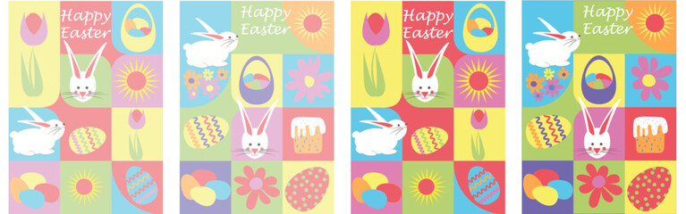 Happy Easter Set of greeting cards, posters, holiday covers. Trendy design with typography, spring hand drawn flowers, dots, eggs and bunny in pastel colors. Modern art minimalist style.
