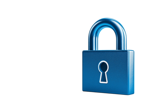 digital lock icon, cyber security symbol, holographic effect, metallic and blue, isolated on white background png cut