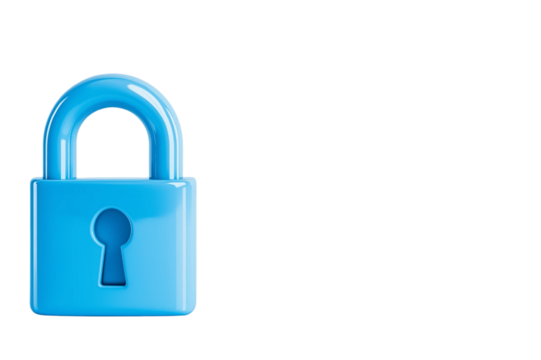 digital lock icon, cyber security symbol, holographic effect, metallic and blue, isolated on white background png cut