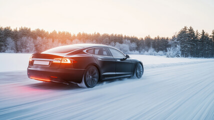 Fototapeta premium Winter driving adventure with a sleek electric car on a snowy road. Automotive battery