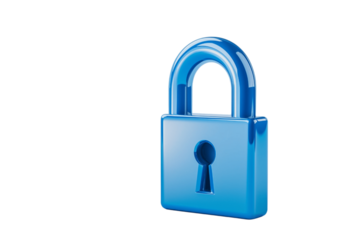 digital lock icon, cyber security symbol, holographic effect, metallic and blue, isolated on white background png cut