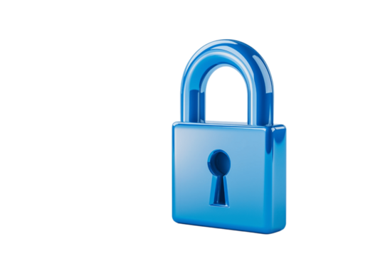 digital lock icon, cyber security symbol, holographic effect, metallic and blue, isolated on white background png cut
