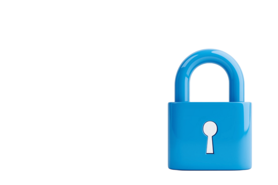 digital lock icon, cyber security symbol, holographic effect, metallic and blue, isolated on white background png cut