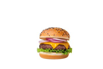 Street food burger with dripping cheese, bold colors, pop art style, isolated on white background	
