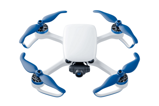 futuristic drone camera, surveillance element, sleek design, metallic silver and blue, isolated on white background