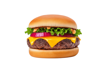 Street food burger with dripping cheese, bold colors, pop art style, isolated on white background	
