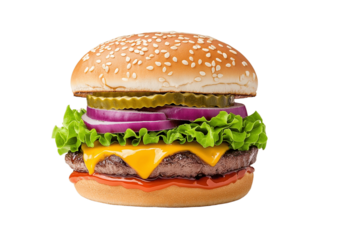 Street food burger with dripping cheese, bold colors, pop art style, isolated on white background	
