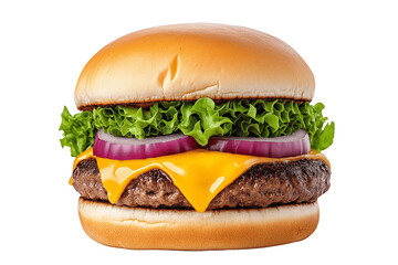 Street food burger with dripping cheese, bold colors, pop art style, isolated on white background	
