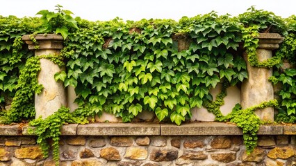 Aged Stone Wall Fence with Ivy, Long Exposure, White Background, PNG Stock Photo