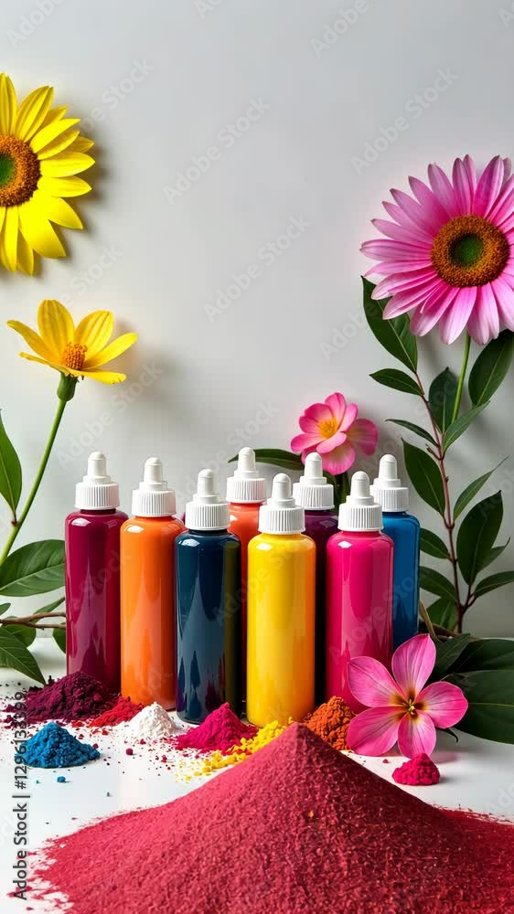 Poster A row of colorful bottles of paint are on a table next to some flowers. The bottles are of different colors and sizes