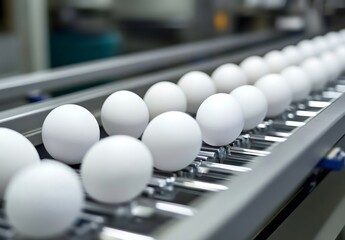 Obraz premium Fresh white eggs are rolling on a conveyor belt inside a food processing factory, showcasing the automated production line