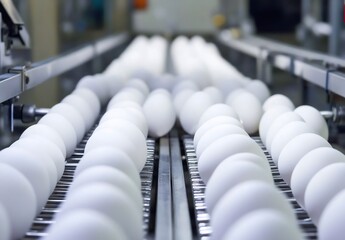 White eggs moving along industrial conveyor belt, highlighting modern egg processing and food manufacturing automation