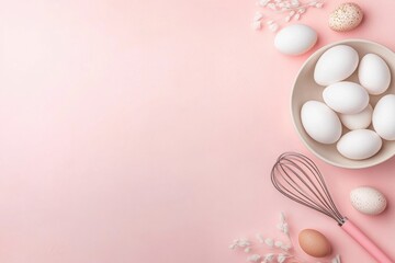 Fototapeta premium Fresh Eggs in a Bowl with Whisk and Decorative Elements on Pink