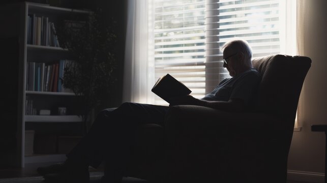 Rare illness patient reading a wellness book in a cozy armchair with soft lighting. Featuring mindfulness and self-care