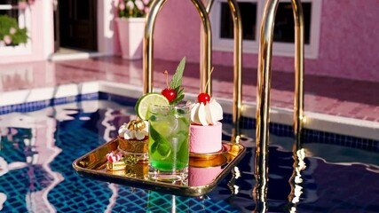 Luxurious poolside scene featuring golden tray with vibrant green cocktail, pink pastry, and golden treats floating on blue water with elegant reflections