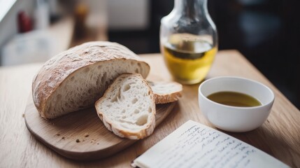 Enjoying a slow morning in the Tuscan countryside with fresh bread and local olive oil at a rustic wooden table