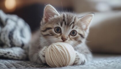 A kitten playing with a ball of yarn in a cozy living room, Pet care, Photography, Soft and warm tones