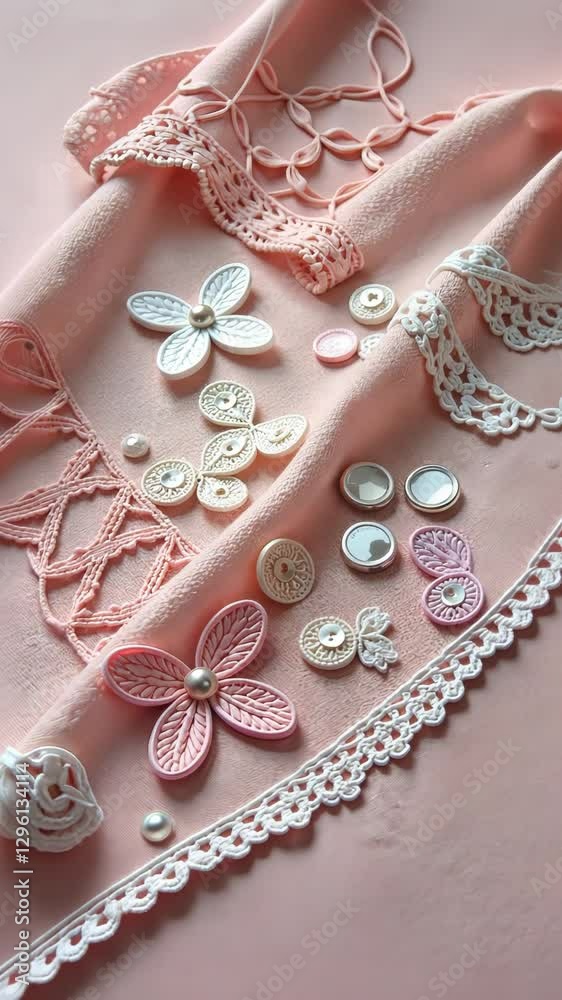 Poster a pink fabric with white flowers and buttons on it. the flowers are made of lace and the buttons are