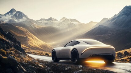 Obraz premium Futuristic car on mountain road at sunrise for scenic journey concepts. Automotive battery