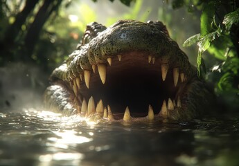 Fototapeta premium Majestic crocodile lurking in a serene jungle landscape with sunlight filtering through lush foliage, showcasing nature's raw beauty and fierce wildlife moments
