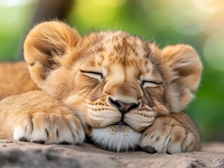 Adorable Young Lion Cub Sleeping Peacefully on a Warm Rock in Nature's Embrace
